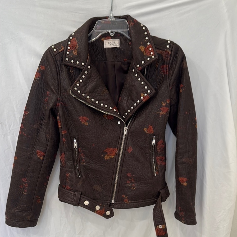 Sage Brown and Red Studded Moto Jacket with Floral Embroidery